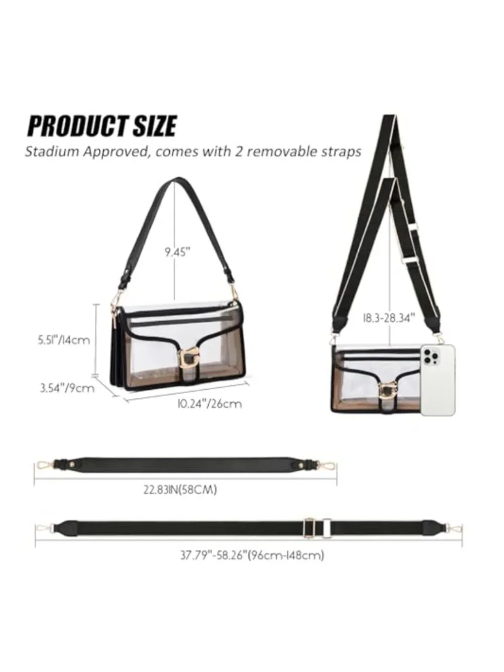 Clear Crossbody Bag Women Stadium Approved Vegan Leather Shoulder Purse with 2